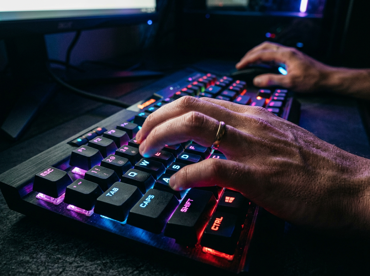 Manos del jugador sobre teclado mecánico RGB durante una sesión de juego