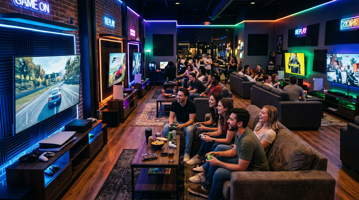Zona de descanso del gaming center NexoGaming con sofás y pantallas